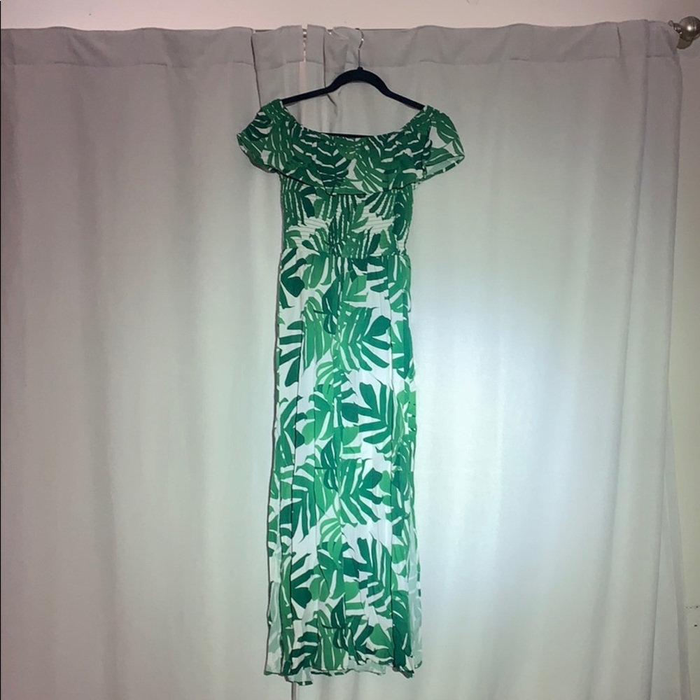 Green tropical bardot maxi dress